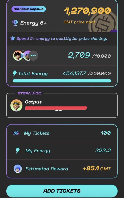 A mobile app screenshot shows a 'Rainbow Capsule' with a 1,270,900 GMT prize pool, a progress bar for 'Total Energy' at 454,137.7/200,000, and a 'My Tickets' count of 100 with an estimated reward of +85.1 GMT.