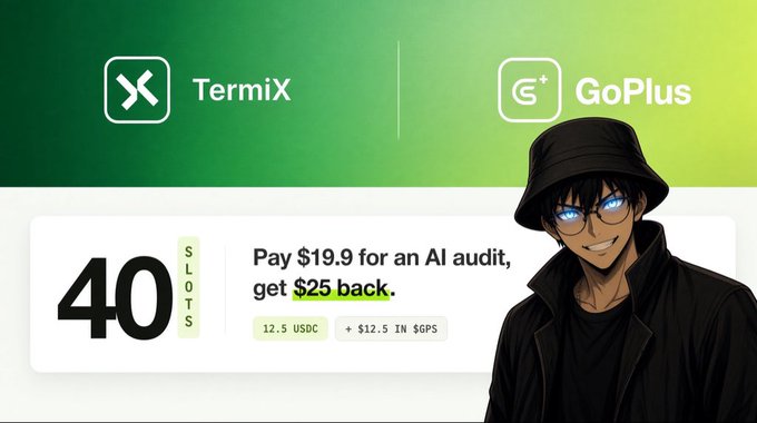 A promotional graphic for TermiX and GoPlus featuring a green gradient background, an anime-style character with glasses and a bucket hat, and a slot machine offer: '40 SLOTS, Pay $19.9 for an AI audit, get $25 back' with conversion rates '12.5 USDC + $12.5 IN $GPS'.