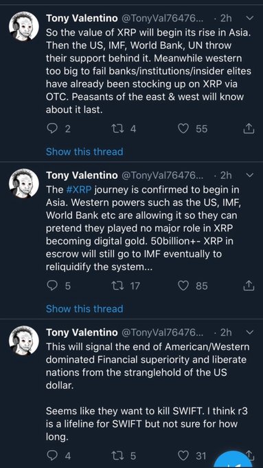 A Twitter thread by Tony Valentino (@TonyVal76476) discussing speculation that XRP will rise in Asia with support from the US, IMF, World Bank, and UN, and referencing the death of SWIFT. The thread relates to the post about Japan's SBI VC Trade launching RLUSD handling as a new stablecoin, tying into the broader theme of shifting financial systems and the role of XRP in global liquidity.