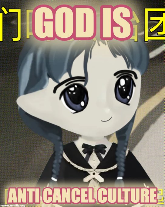 An illustration of an anime-style girl with blue eyes and dark hair wearing a black dress with a bow, framed by the text 'GOD IS ANTI CANCEL CULTURE' and the watermark 'malecremilia.org'.