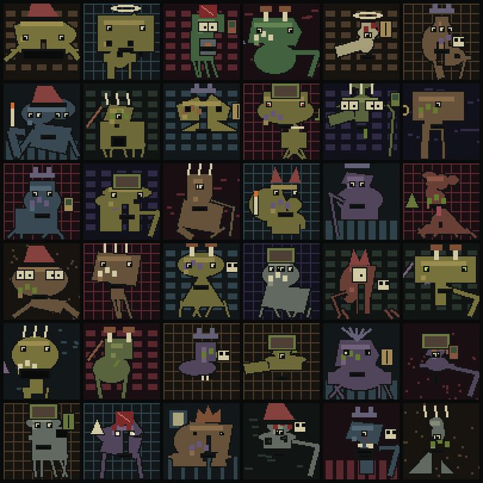 A grid of 36 pixel-art characters, each with quirky features like hats, halos, and multiple eyes, showcasing the variety of WRONG NFT collectibles referenced in the post. The image represents the "art reveal" that unlocks after the collection sells out during its public mint.