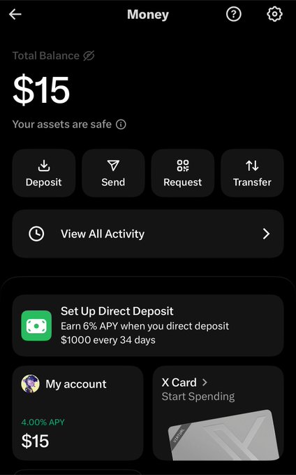 Mobile banking app screenshot showing a 'Money' account with a $15 total balance, featuring Deposit/Send/Request/Transfer buttons and a Cash App card promo.