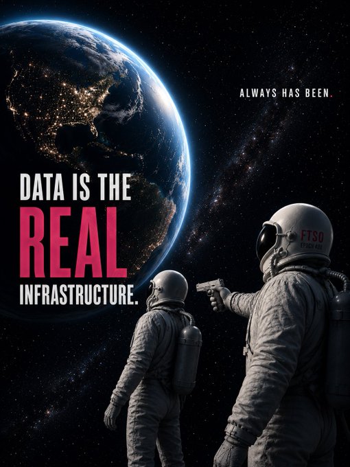 The image features two space suits with the text "Data is the Real Infrastructure." The first sentence of this statement emphasizes that data plays a crucial role in today's world, while the second sentence highlights the importance of data infrastructure for various applications. The image also includes a planet and stars as part of its background, which adds to the overall theme of space exploration or technology.