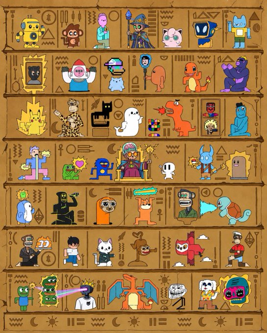 The image parodies "The Nightmare Before Christmas" by reimagining Jack Skellington, Sally, Oogie Boogie, and other iconic characters as NFTs displayed on stone-like shelves, with hieroglyphic-style markings replacing the original film's festive backgrounds.