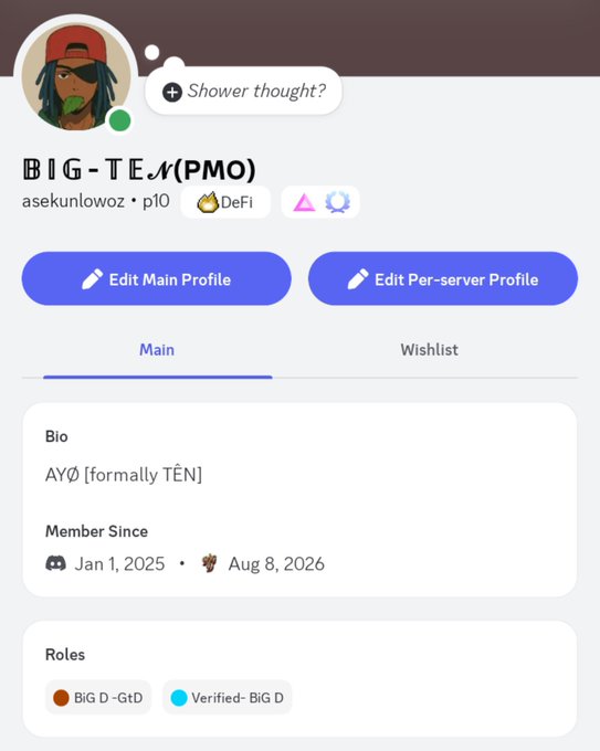 Discord profile page for 'BIG - T.EN (PMO)' with username asekunlowoz, showing bio 'AYΩ (formally TÉN)', member since dates, and roles including 'BIG D - GtD' and 'Verified - BIG D'.