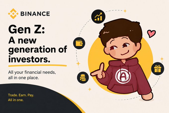 A Binance promotional banner titled "Gen Z: A new generation of investors" features a cartoon illustration of a young person in a red hoodie, with the tagline "Trade. Earn. Pay. All in one." and surrounded by icons representing finance, gifts, and growth.

The image ties to the post's reflection on late-start investing by positioning crypto platforms like Binance as gateways that make financial markets accessible to a younger generation—similar to how Injective served as the author's entry point into decentralized finance years ago.