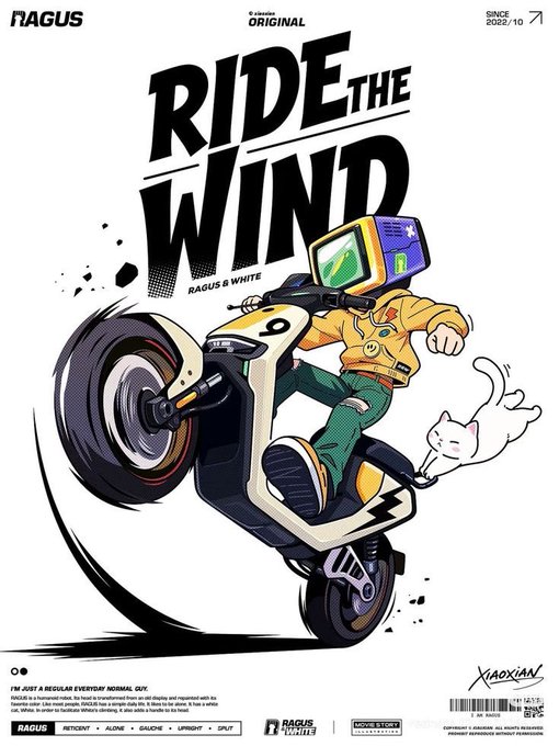 A 'Ride the Wind' poster by RAGUS & WHITE depicting an animated character with a CRT monitor head riding a motorcycle, accompanied by a small white cat.