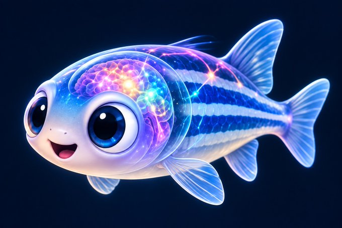 A digital illustration of a cute, cartoon-style fish with a translucent body revealing a glowing, colorful brain, set against a dark blue background.