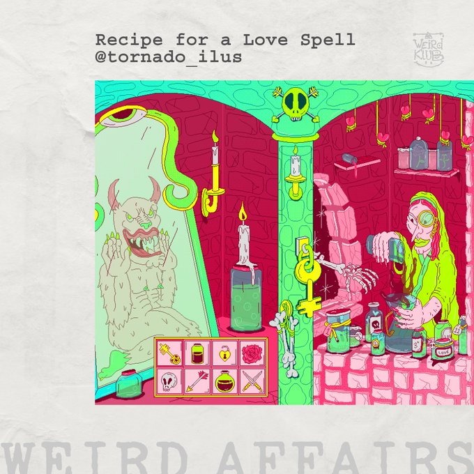 A pixel art illustration titled "Recipe for a Love Spell @tornado_ilus" showing a green-skinned witch preparing a potion with a potion-making interface, alongside a green horned monster, watermarked with "WTRD KLUB" and "WEIRD AFFAIRS."
