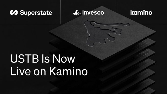 A dark promotional graphic announces "USTB Is Now Live on Kamino," featuring the Superstate, Invesco, and Kamino logos alongside a stacked, three-dimensional rendering of tokenized asset layers, visually representing the integration of USTB into Kamino's onchain credit markets as described in the accompanying announcement.