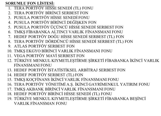 The image displays a list of "SORUMLU FON LİSTESİ" which translates to "Responsible Fund List" in English, featuring various investment funds like TERA PORTFÖY and PUSULA PORTFÖY. This aligns with the accompanying post mentioning a "development that happened to Birde," suggesting a connection to fund management or investment activities.
