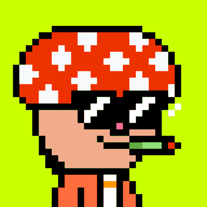 A pixel art character with a red and white mushroom-shaped head, black sunglasses, and a red outfit, shown against a bright green background.