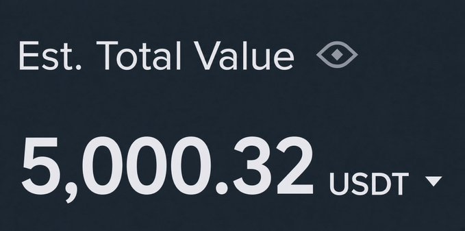 A dark interface displays 'Est. Total Value' of 5,000.32 USDT, with a visibility toggle eye icon next to the label.