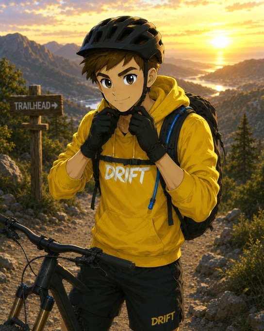 An anime-style character wearing a yellow 'DRIFT' hoodie, helmet, and gloves adjusts their gear while standing with a mountain bike near a 'TRAILHEAD' sign at sunset.