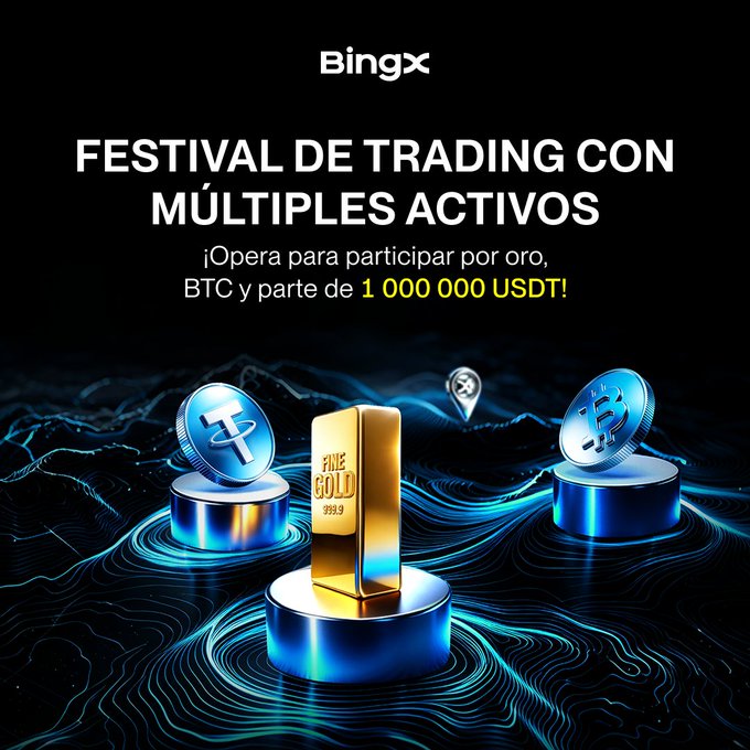 A BingX promotional graphic for a "FESTIVAL DE TRADING CON MÚLTIPLES ACTIVOS" (Multi-Asset Trading Festival) featuring gold bars and cryptocurrency coins (USDT and BTC), offering prizes of gold, BTC, and a share of 1,000,000 USDT.