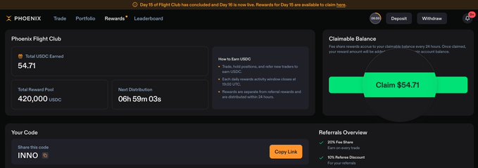 A dashboard for 'Phoenix Flight Club' showing $4.71 USDC earned, a total reward pool of 420,000 USDC, and a green 'Claim $4.71' button.