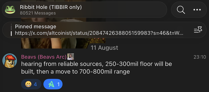 A Telegram channel named 'Ribbit Hole (TIBBIR only)' shows a message from 'Beavs (Beavs Arc)' stating 'hearing from reliable sources, 250-300mil floor will be built, then a move to 700-800mil range'.