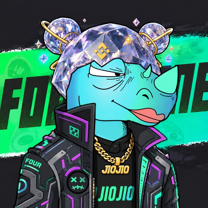 A blue cartoon rhino wearing a crystal "Binance" crown, gold "JIOJIO" chain, and a futuristic cyberpunk jacket labeled "FOUR" is displayed against a green "BINANCE" banner. The image reflects the post's nostalgic tone about Binance's 9th anniversary and the sentimental value of NFT avatars from the early Web3 era, with the rhino serving as a memorable on-chain symbol of that community-driven time.