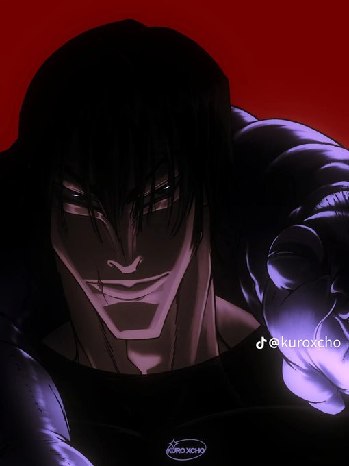 Anime-style digital artwork of a sinister-looking man with dark hair and a menacing grin against a red background, featuring a glowing purple smoke or energy effect on his shoulder, watermarked '@kuroxcho'.