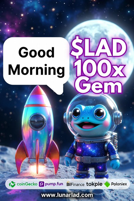 A space-themed graphic with 'Good Morning $LAD 100x Gem' featuring an astronaut turtle and a rocket on the moon, listing listings on CoinGecko, Pump.fun, Binance, Tokpie, and Poloniex, with www.lunarlad.com.