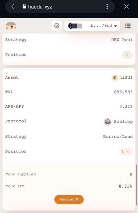 DeFi interface for haedal.xyz showing a hasSUI asset pool on the Scallop protocol with $58,583 TVL, 0.31% APR/APY, and a Borrow/Lend strategy.