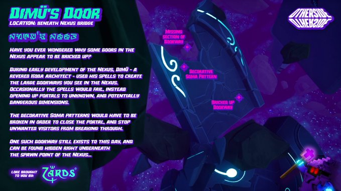 A promotional graphic for a game called 'Chasm of the Asteria,' titled 'Dimü's Door' with the location 'Beneath Nexus Bridge,' featuring lore text about a reversed ADA architect and decorative blue runes.