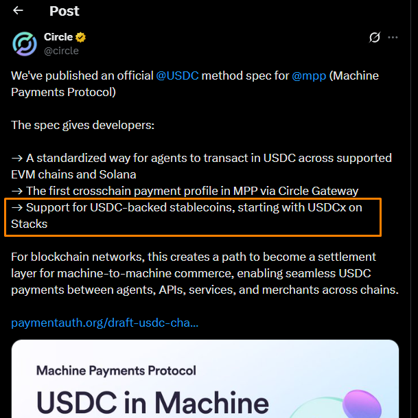 Screenshot of a post from Circle (@circle) announcing a USDC method spec for Machine Payments Protocol (@mpp), with an orange box highlighting the bullet point 'Support for USDC-backed stablecoins, starting with USDCx on Stacks'.