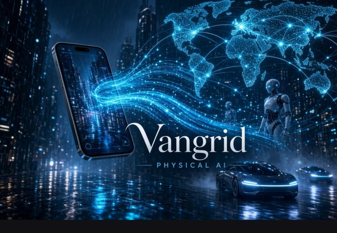A blue-toned futuristic city graphic labeled “Vangrid PHYSICAL AI” shows a smartphone, a digital world map, connected light trails, a humanoid robot, and a car.
