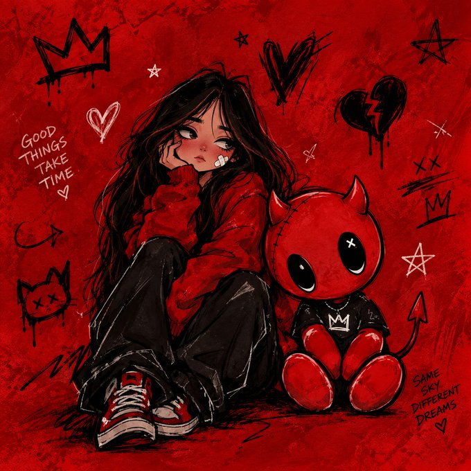 An anime-style illustration depicts a sad girl in a red sweater sitting next to a red devil plush toy against a red background with graffiti, including text 'GOOD THINGS TAKE TIME' and 'SAME SKY DIFFERENT DREAMS'.