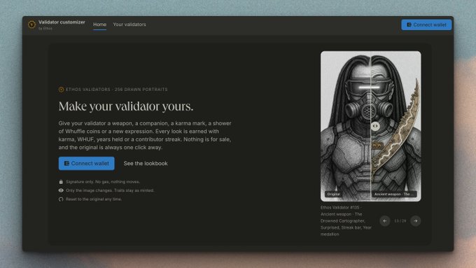 The image shows the "Validator customizer" interface for Ethos Validators' 256 Drawn Portraits collection, featuring a detailed warrior PFP with toggle options for "Inspire" and "Ancient Weapon," alongside text promoting "Make your validator yours" through user-driven customization features like weapons, karma marks, and expressions. This directly illustrates the post's claim about Validators advancing beyond static NFT collections by introducing dynamic, AI-generated PFPs with user-generated input.