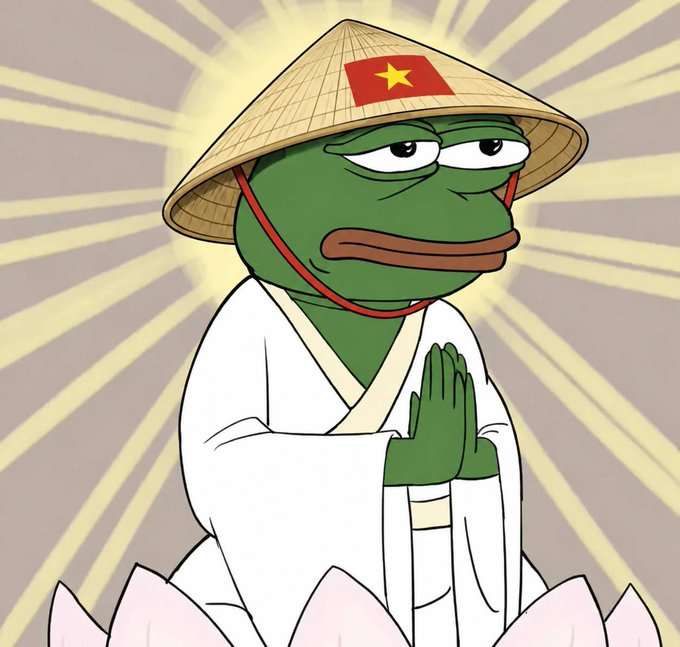 The image features a cartoon frog wearing a hat with a red star and a Vietnamese flag. The frog appears to be praying, which could be interpreted as a call for patience or a reminder to take breaks from our busy lives. The post encourages followers to take a break, reset their minds, and stay patient during the next cycle of bsc (blessed cycles).