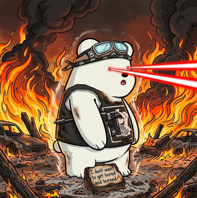 A cartoon illustration of a white bear wearing tactical goggles and a vest, shooting red laser beams from its eyes in a fiery, war-torn landscape, with a sign reading "I don't want to get burned and burned."