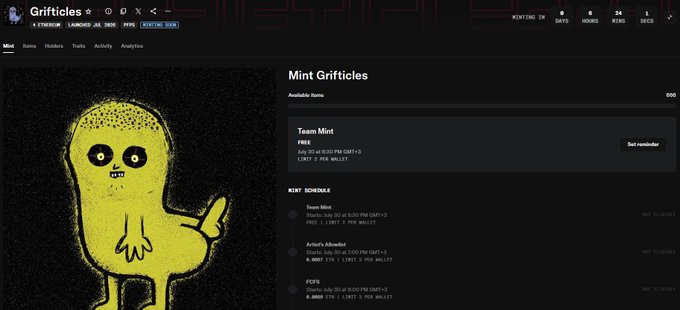 A Grifticles NFT marketplace webpage showing a green alien-like character illustration with minting schedule information including 'Team Mint' and 'FCFS' options.