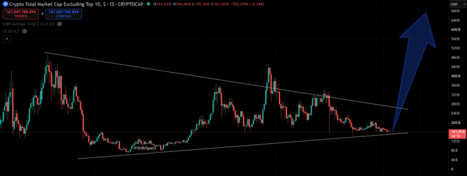 A financial chart of 'Crypto Total Market Cap Excluding Top 10' on a 1-day timeframe, showing a symmetric triangle pattern with a large blue arrow indicating an expected upward breakout.