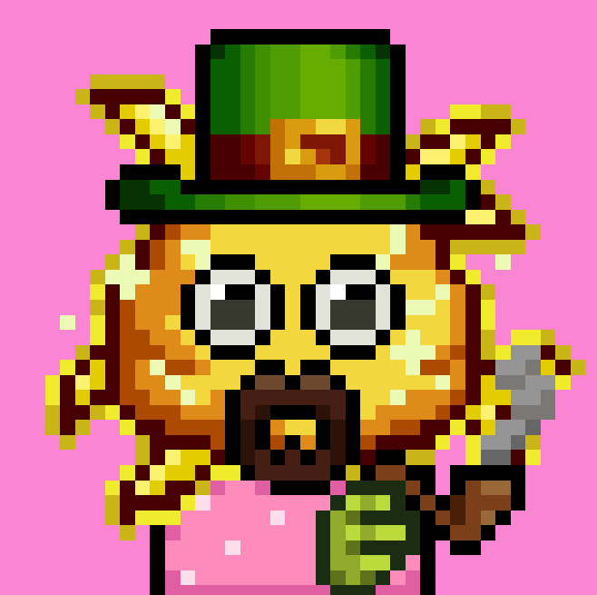 A pixel art illustration of a pig character wearing a green leprechaun hat with a gold buckle, pink dress, and holding a smoking pipe against a pink background.