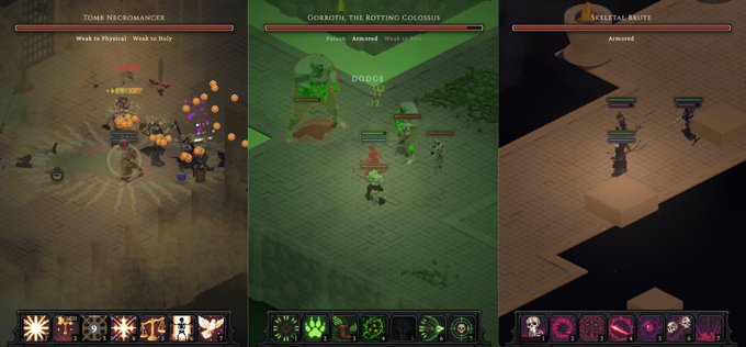 A triptych of gameplay screenshots from a dark fantasy game, showing isometric battles against bosses named 'Tomb Necromancer,' 'Gorgoth the Rotting Colossus,' and 'Skeletal Brute.'