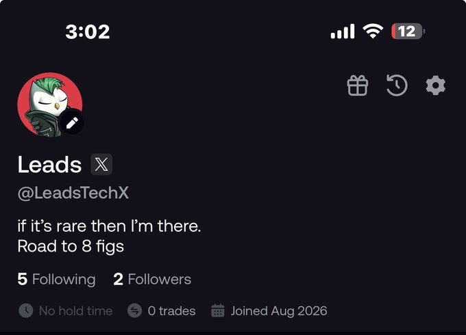 The image shows a mobile screenshot of a profile on a trading app, displaying the username "Leads" with handle @LeadsTechX, the bio "if it's rare then I'm there. Road to 8 figs," and stats showing 5 Following, 2 Followers, 0 trades, and "Joined Aug 2026." This relates to the post as it captures the moment of a new user signing up on FOMO, with their fresh account still showing zero trades.