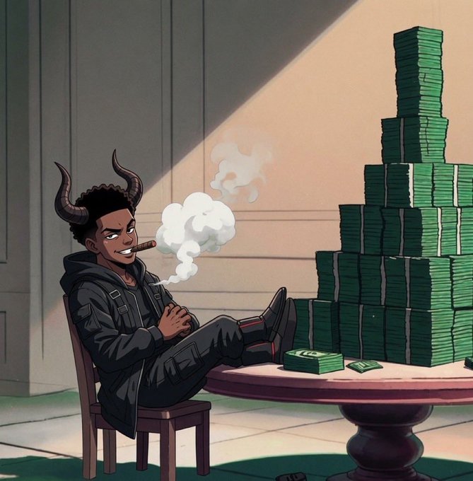 An animated illustration of a character with horns smoking a cigar while relaxing with their feet up next to a massive pyramid-shaped stack of green cash bundles on a table.