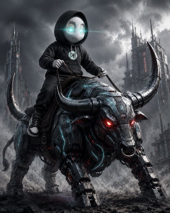 A small robot-like figure in a black hoodie with a "D1" emblem rides a massive cyber bull with glowing red eyes through a dark futuristic city, visually evoking the bullish, high-tech energy of a crypto trading night fueled by Solana ($SOL) and the trading community around Ansem.