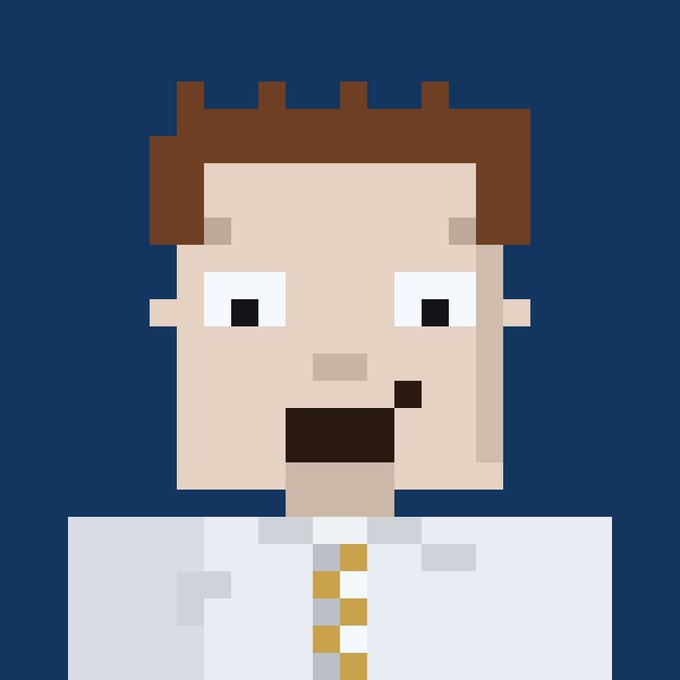 A pixel art portrait shows a man with brown hair, wide eyes, and an open mouth against a dark blue background, wearing a white shirt with yellow buttons.