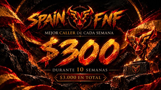 A fiery promotional graphic for "SPAIN FNF" tournament advertising "MEJOR CALLER DE CADA SEMANA $300 DURANTE 10 SEMANAS $3.000 EN TOTAL" with a bull logo and golden trophy.