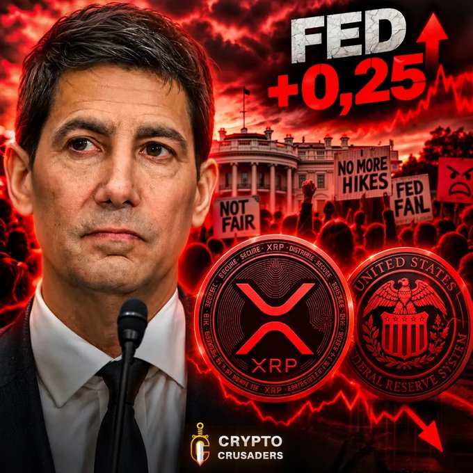 A Crypto Crusaders graphic showing a serious-looking man in a suit at a microphone, with the White House, XRP and Federal Reserve coins, protest signs reading 'NO MORE HIKES' and 'NOT FAIR', and text 'FED +0,25'.