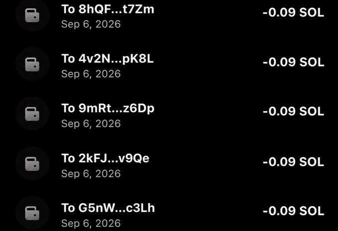 A list of crypto wallet transactions showing multiple transfers of -0.09 SOL dated Sep 6, 2026 to various addresses.