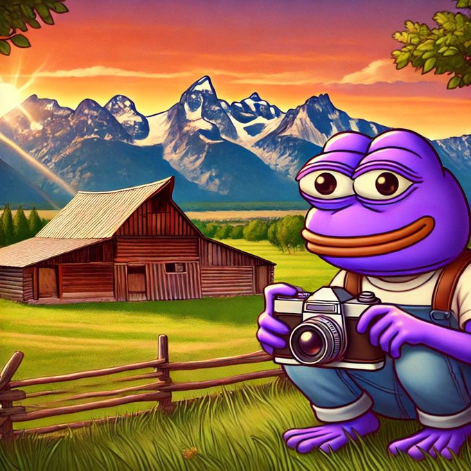 A purple Pepe the Frog character wearing overalls holds a camera in a scenic mountain farm landscape at sunset, visually playing on the "back from vacation" theme and the "$Purpe" token name referenced in the post's ticker symbol.