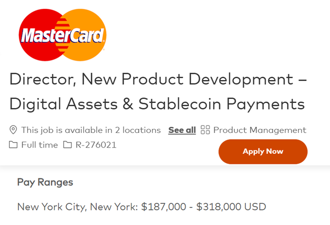 A job listing for a Director of New Product Development – Digital Assets & Stablecoin Payments role at Mastercard, offering a salary range of $187,000 - $318,000 USD in New York City, job ID R-276021. The image supports the post's claim of Mastercard hiring a crypto product developer with compensation reaching $318K.
