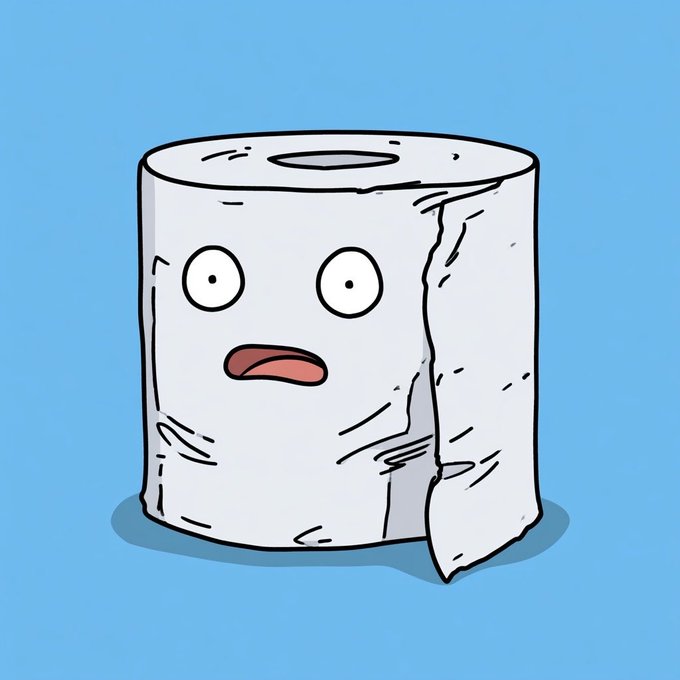 A cartoon roll of toilet paper with a worried, shocked facial expression stands against a light blue background, perfectly capturing the essence of "Nani" — a Japanese exclamation often used in anime to express surprise or disbelief.