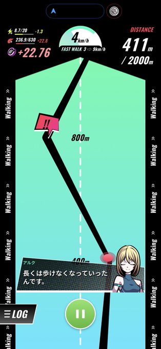 A mobile walking game screenshot showing a character on a path with stats: 8.7/20 stamina, 236.9/630 calories, +22.76 EXP, 4 km/h pace (fast walk 3 - 9 km/h), and 411m/2000m distance remaining.