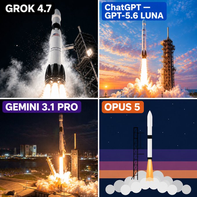 A four-panel comparison meme showing rockets launching, labeled 'GROK 4.7', 'ChatGPT — GPT-5.6 LUNA', 'GEMINI 3.1 PRO', and 'OPUS 5', though the OPUS 5 panel is illustrated rather than photorealistic.
