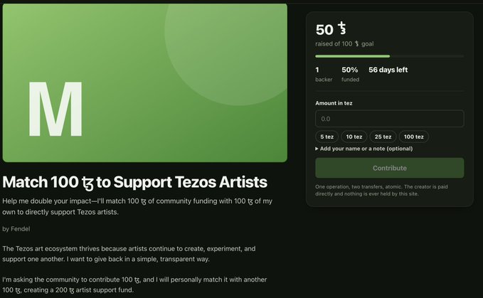A crowdfunding page titled 'Match 100 tz to Support Tezos Artists' by Fendel, showing 50 tz raised of 100 tz goal with 56 days left on Tezos blockchain.
