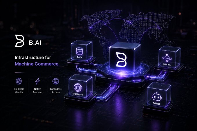 A promotional graphic for B.AI shows 'Infrastructure for Machine Commerce' with floating cubes labeled DATA, MODEL, AGENT, and COMPUTE, plus icons for On-Chain Identity, Native Payment, and Borderless Access.